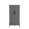 Channelled, graphite leather cabinet framed in ebony oak