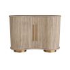 Elegant curved wooden cabinet with panel details and brass accents