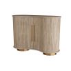 Elegant curved wooden cabinet with panel details and brass accents