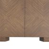 Brown wooden cabinet with patchwork sunburst pattern and ivory leather-wrapped handles of bronzed iron 