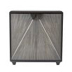 Sleek grey cabinet with two doors and triangular handle detailing