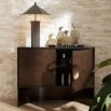Low-standing cabinet with beautiful eucalyptus wood veneer and circular handle