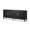 dark brown sideboard with bronze base and handles 