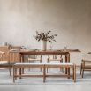 Slender wooden bench with boucle finish seat