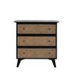 Black framed three drawer chest table with natural rattan fronted drawers