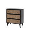Black framed three drawer chest table with natural rattan fronted drawers