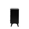 Black framed three drawer chest table with natural rattan fronted drawers