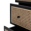Black framed three drawer chest table with natural rattan fronted drawers