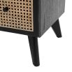 Black framed three drawer chest table with natural rattan fronted drawers