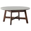 Round coffee table in walnut stained wood with marble top