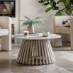 Marble top coffee table with gentle sloping slats for base