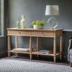 Lightly brushed console table crafted from Mindy wood with a stunning inlaid parquet-style design