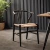 Wishbone back dining chairs with deeply curved back and distinctive hand woven seat