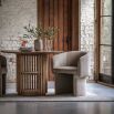 Slatted base circular dining table featuring 2 handy shelves