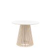 Marble top round dining table with gentle sloping slats for base