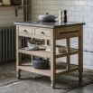 Wooden kitchen island with inset marble slabs on the top, two drawers and two large shelves