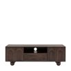 Dark wood media unit with arch patterns and round ball feet