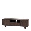 Dark wood media unit with arch patterns and round ball feet