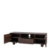 Dark wood media unit with arch patterns and round ball feet