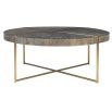 Dark walnut veneered round coffee table with brass legs