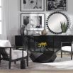 Dark wood coffee table with geometric silhouette