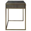 Elegant minimal desk with antiqued brass legs and two drawers with hollow shelf