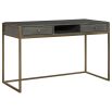 Elegant minimal desk with antiqued brass legs and two drawers with hollow shelf