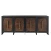 Dark wood sideboard with four panelled doors and brass handles