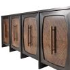 Dark wood sideboard with four panelled doors and brass handles