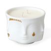 two wick candle in a holder with faces and gold painted details. Scents of grapefruit, raspberry and rose petal