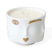 two wick candle in a holder with faces and gold painted details. Scents of grapefruit, raspberry and rose petal