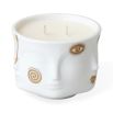 two wick candle in a holder with faces and gold painted details. Scents of grapefruit, raspberry and rose petal