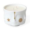 two wick candle in a holder with faces and gold painted details. Scents of grapefruit, raspberry and rose petal