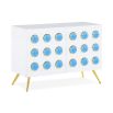 A chic, white lacquer sideboard with acrylic cabochons and brass legs 