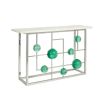 A stylish polished nickel console with emerald acrylic cabochons and marble top