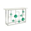 A stylish polished nickel console with emerald acrylic cabochons and marble top