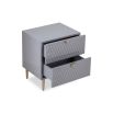 Grey bedside with hexagonal inlay pattern and brass accents