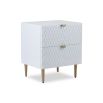 Elegant white bedside with two drawers and hexagonal pattern inlay with brass accents