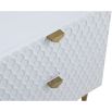 Elegant white bedside with two drawers and hexagonal pattern inlay with brass accents