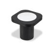 Black wood side table with plinth base and white round detail