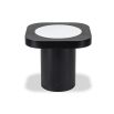 Black wood side table with plinth base and white round detail