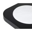 Black wood side table with plinth base and white round detail