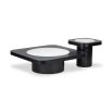 Black wood side table with plinth base and white round detail