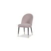 Light grey upholstered dining chair with tapered black legs with brass caps