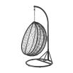 Hanging webbed egg chair supported by a chain and frame with upholstered seating