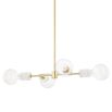 A glamorous aged brass ceiling lamp with glass lampshades and marble accents