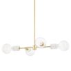 A glamorous aged brass ceiling lamp with glass lampshades and marble accents