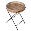 Elegant and earthy bamboo finish tray-like surface mounted on sleek, black iron, crossed legs.