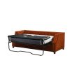 burnt orange sofa bed with deep buttoning and bronze studding 