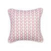 A gorgeous pink children's cushion with a unique pattern and white piping